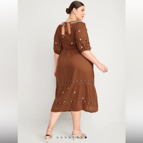 Old navy Puff-Sleeve Smocked-Neck Embroidered Midi Swing Dress - Picture 2 of 8